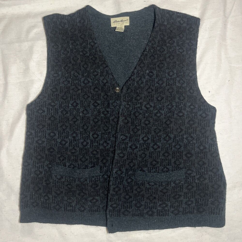 Eddie Bauer Men's Vintage Charcoal Gray Blue Green Wool Vest, Size XL